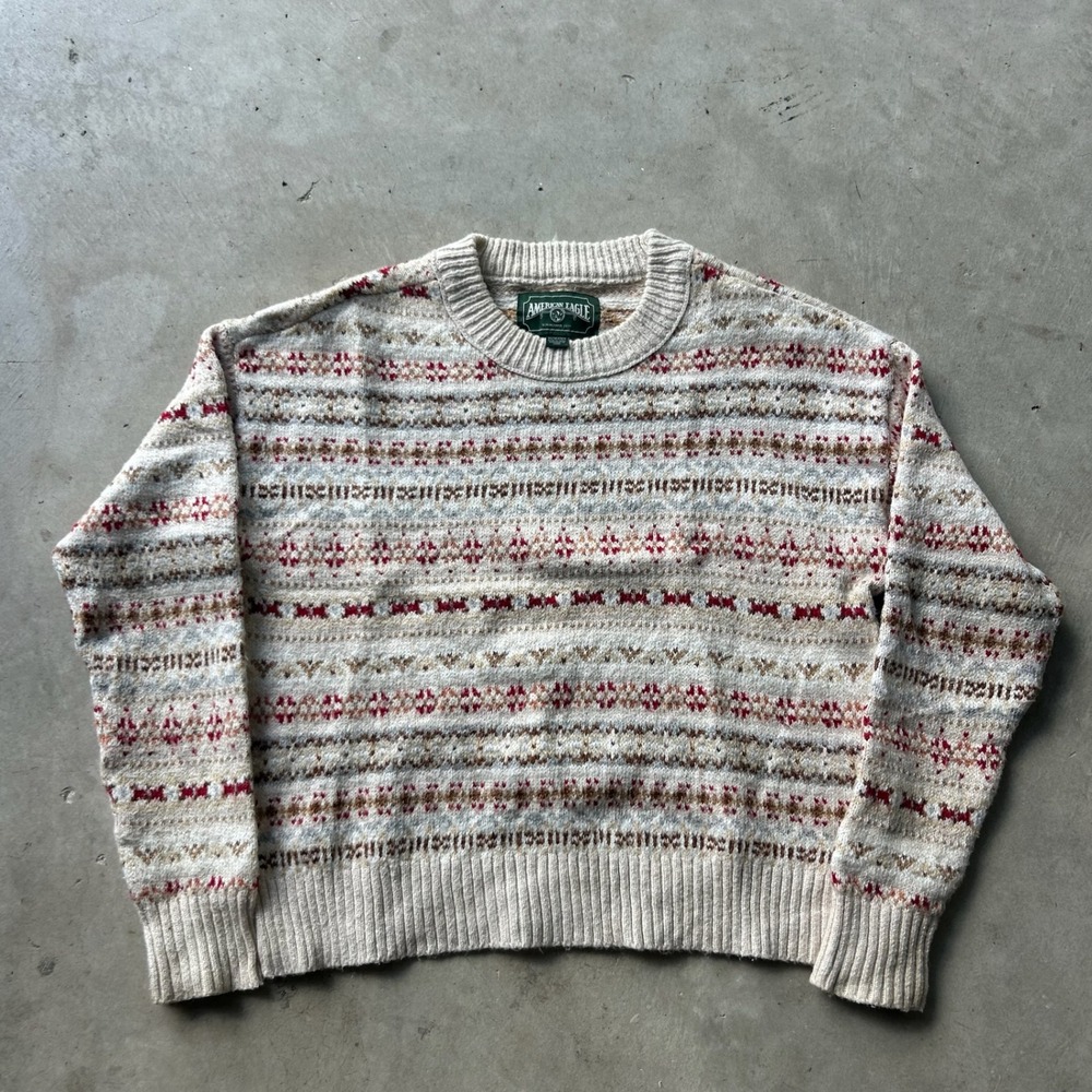 American Eagle Fair Isle Crewneck Sweater Cream Red Brown XS Relaxed Fit